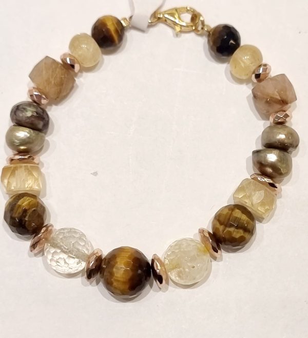 Bracciale occhio di tigre, perla di fiume e quarzo