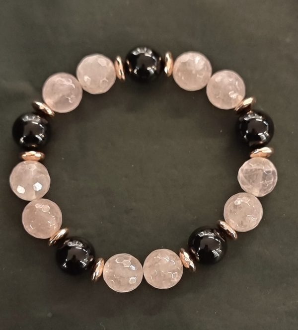 Bracciale quarzo rosa e agata nera