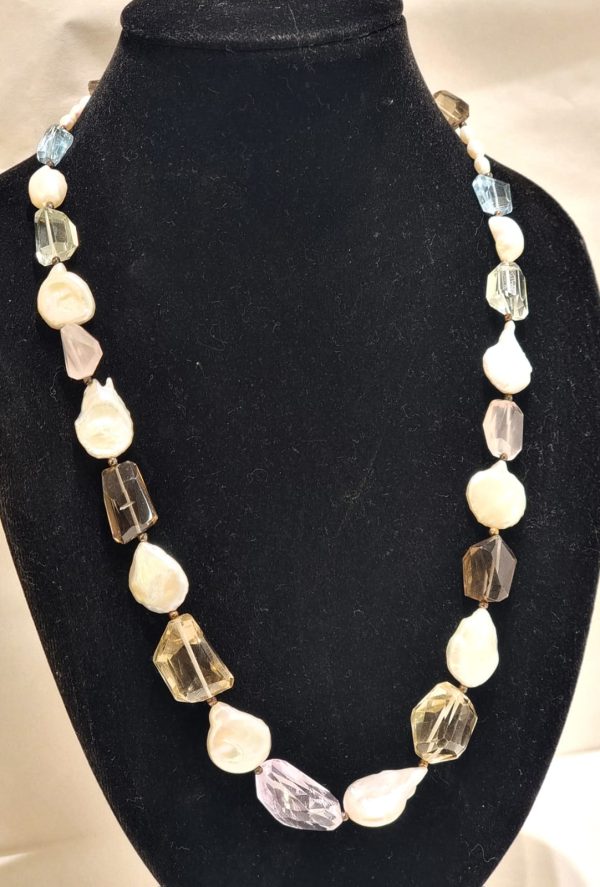 Collana topazio, perle di fiume, ametista e prasiolite