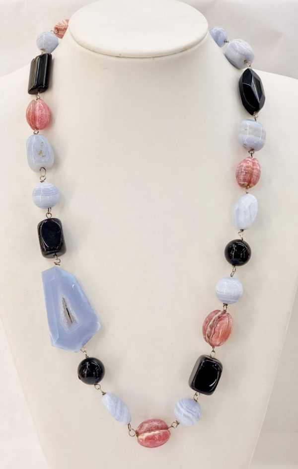 Collana calcedonio, rodocrosite e agata