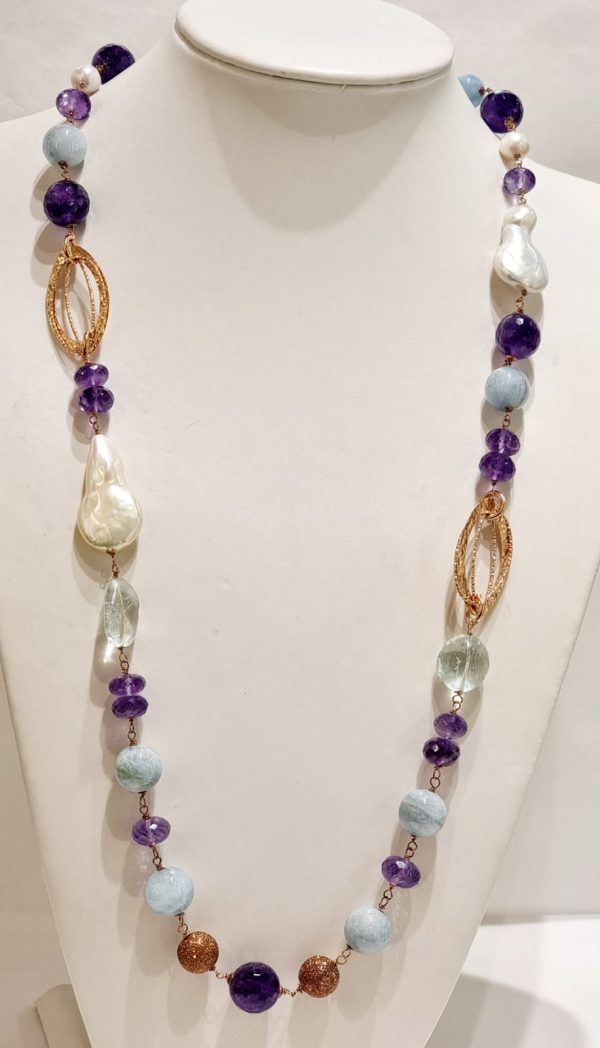Collana acquamarina, ametista e perla di fiume